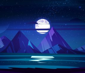 Night ocean landscape, full moon and stars shine in sky above water surface reflecting starlight. Dark heaven with moonlight romantic fantasy midnight twilight background Cartoon vector panoramic view